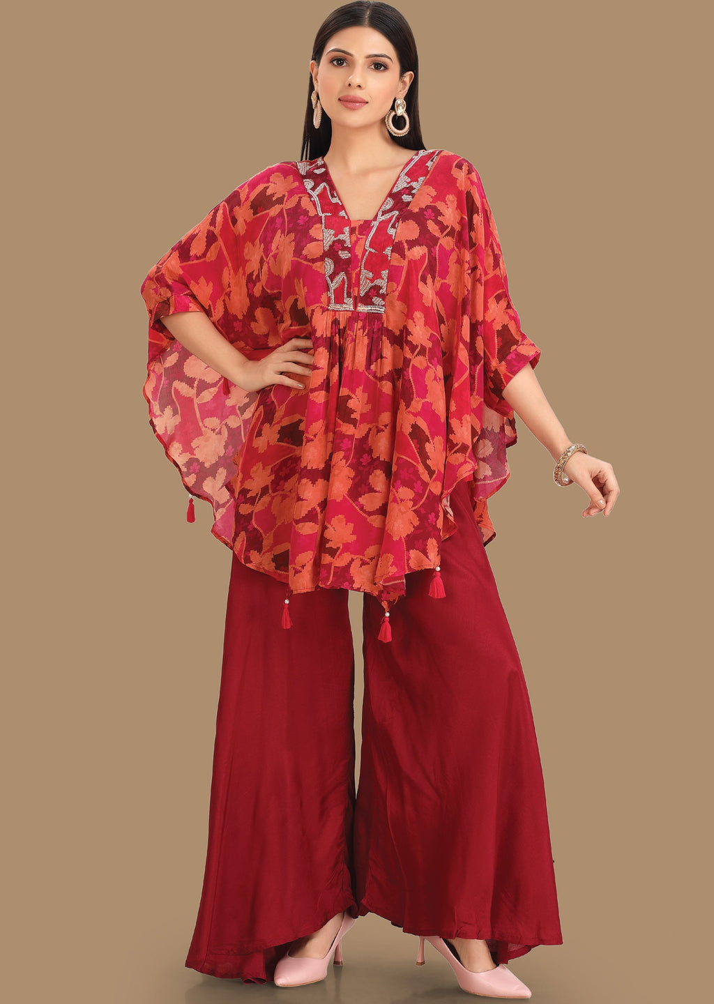 Maroon & Rust Crepe Fusion Indo-Western Kaftan Top and Palazzo Set