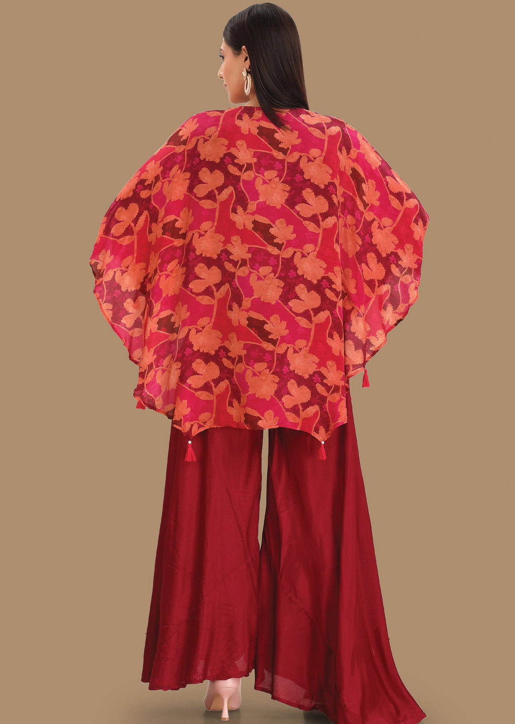 Maroon & Rust Crepe Fusion Indo-Western Kaftan Top and Palazzo Set