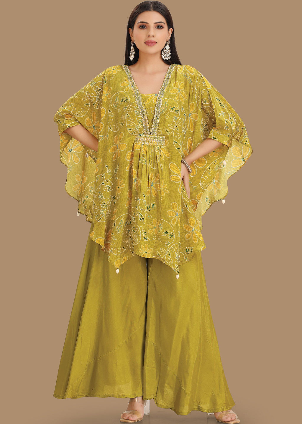 Lime Green Crepe Fusion Indo-Western Kaftan Top and Palazzo Set