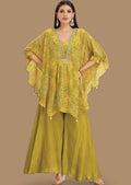Lime Green Crepe Fusion Indo-Western Kaftan Top and Palazzo Set