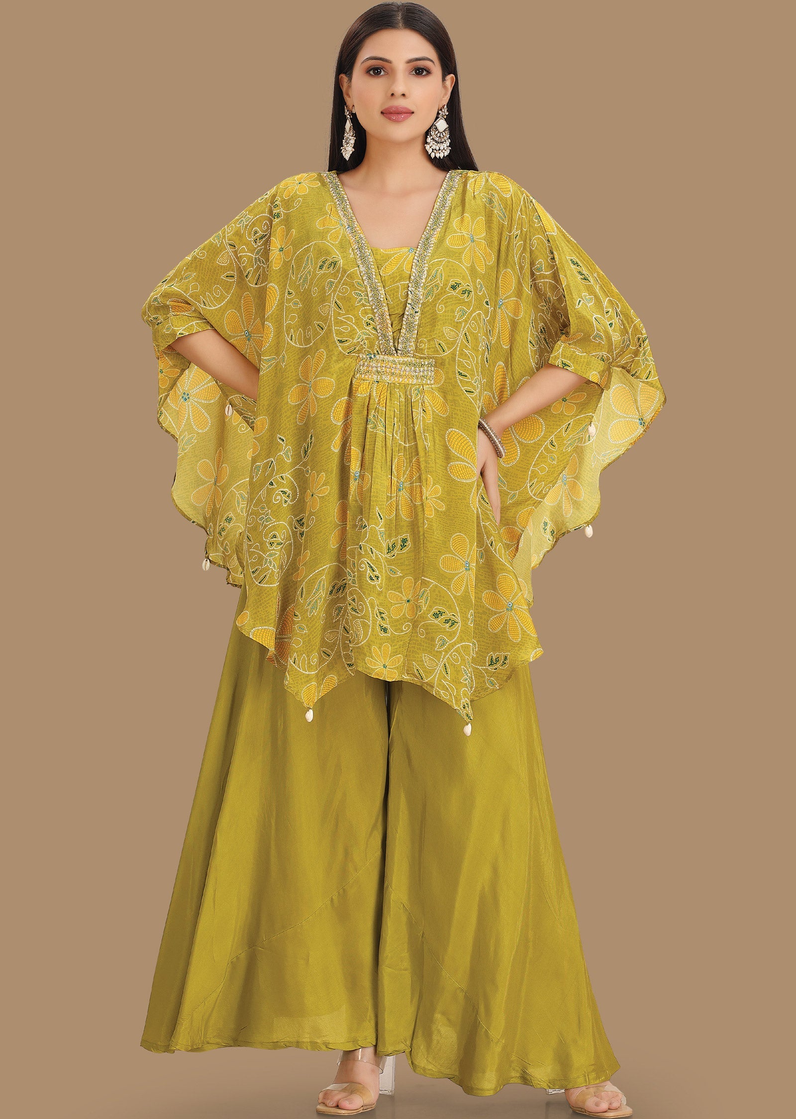 Lime Green Crepe Fusion Indo-Western Kaftan Top and Palazzo Set