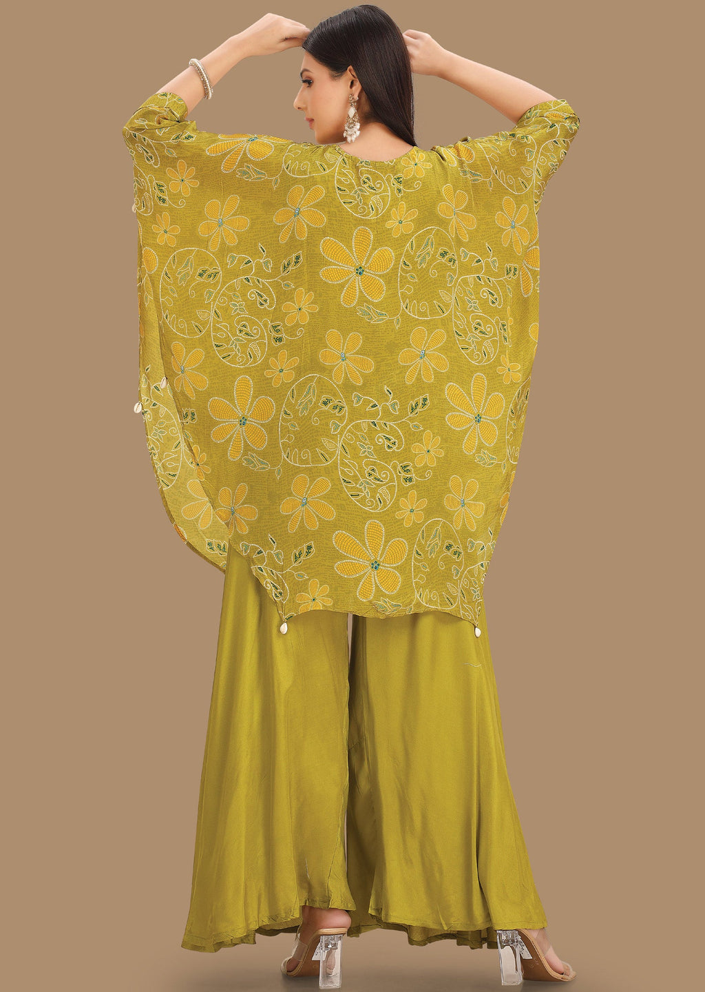 Lime Green Crepe Fusion Indo-Western Kaftan Top and Palazzo Set