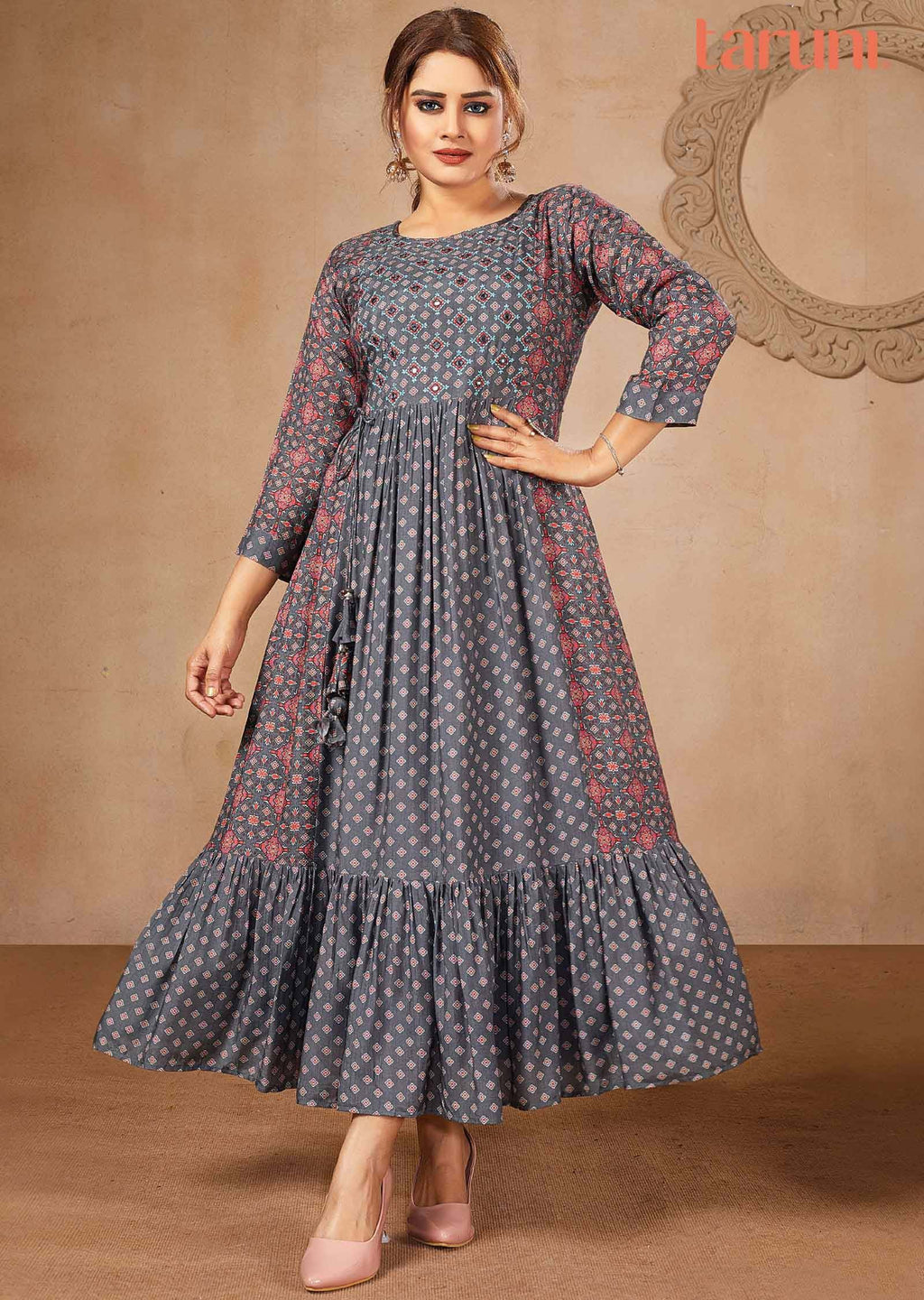 Grey Muslin Printed Midi Dress
