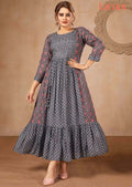 Grey Muslin Printed Midi Dress