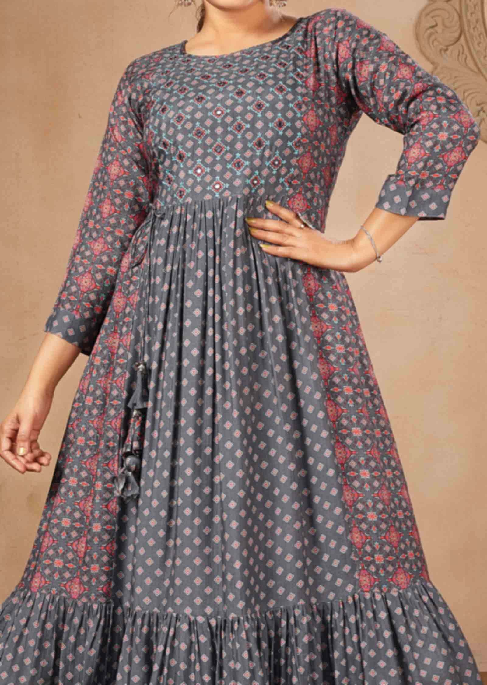 Grey Muslin Printed Midi Dress