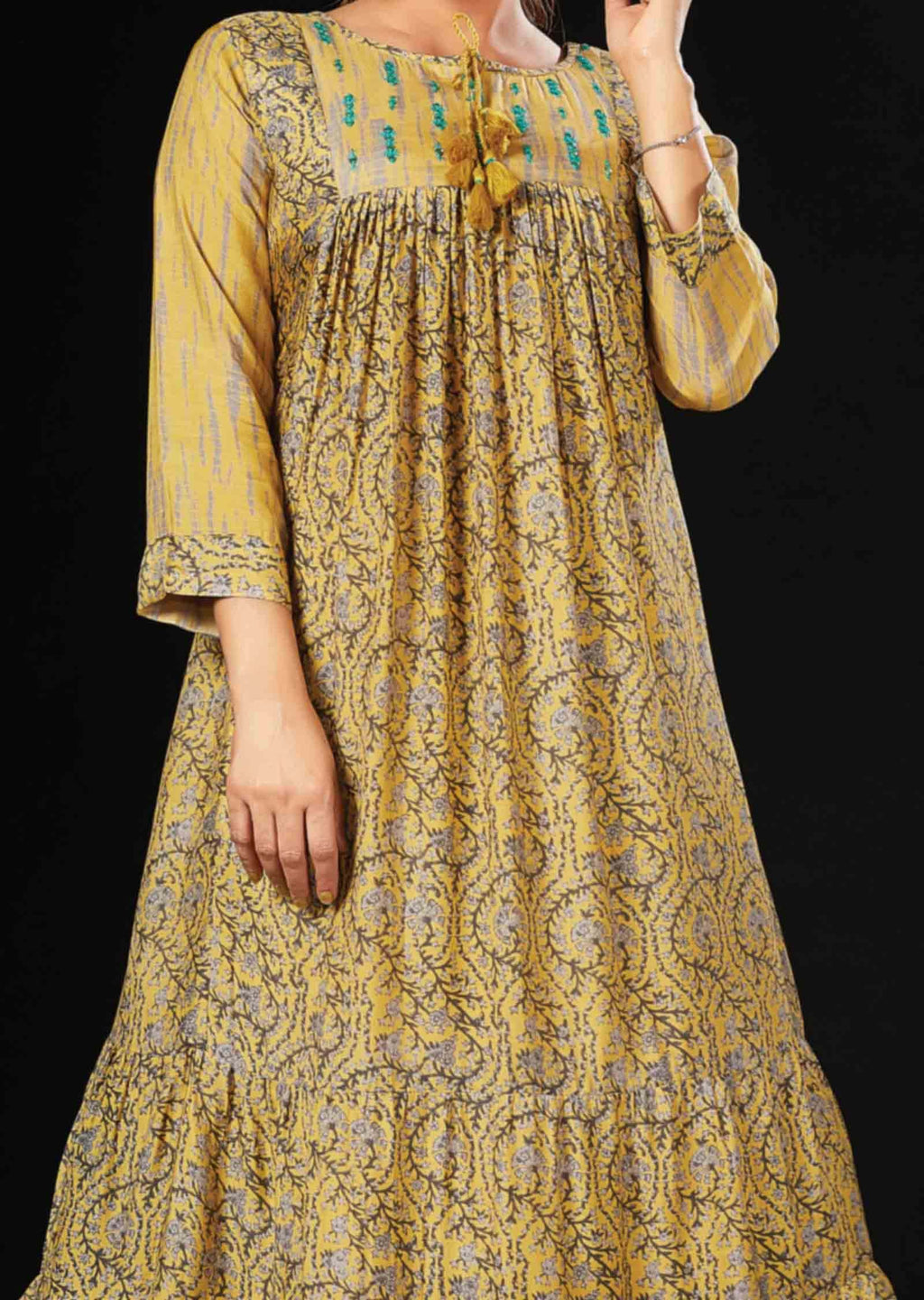Yellow Muslin Printed Midi Dress