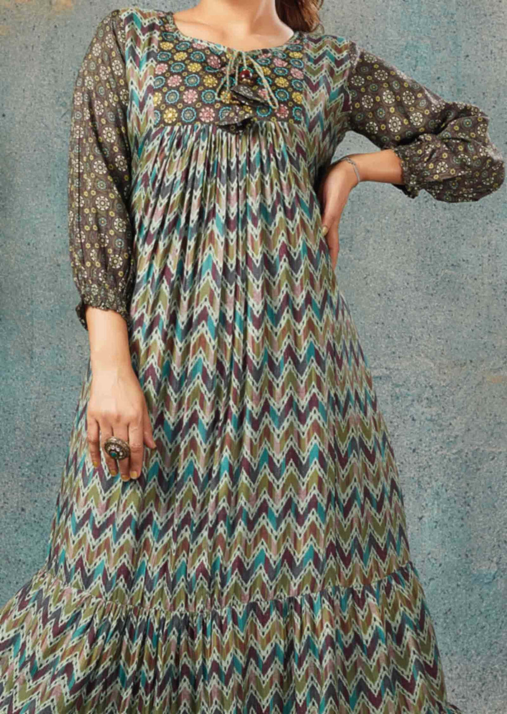 Green Muslin Printed Midi Dress