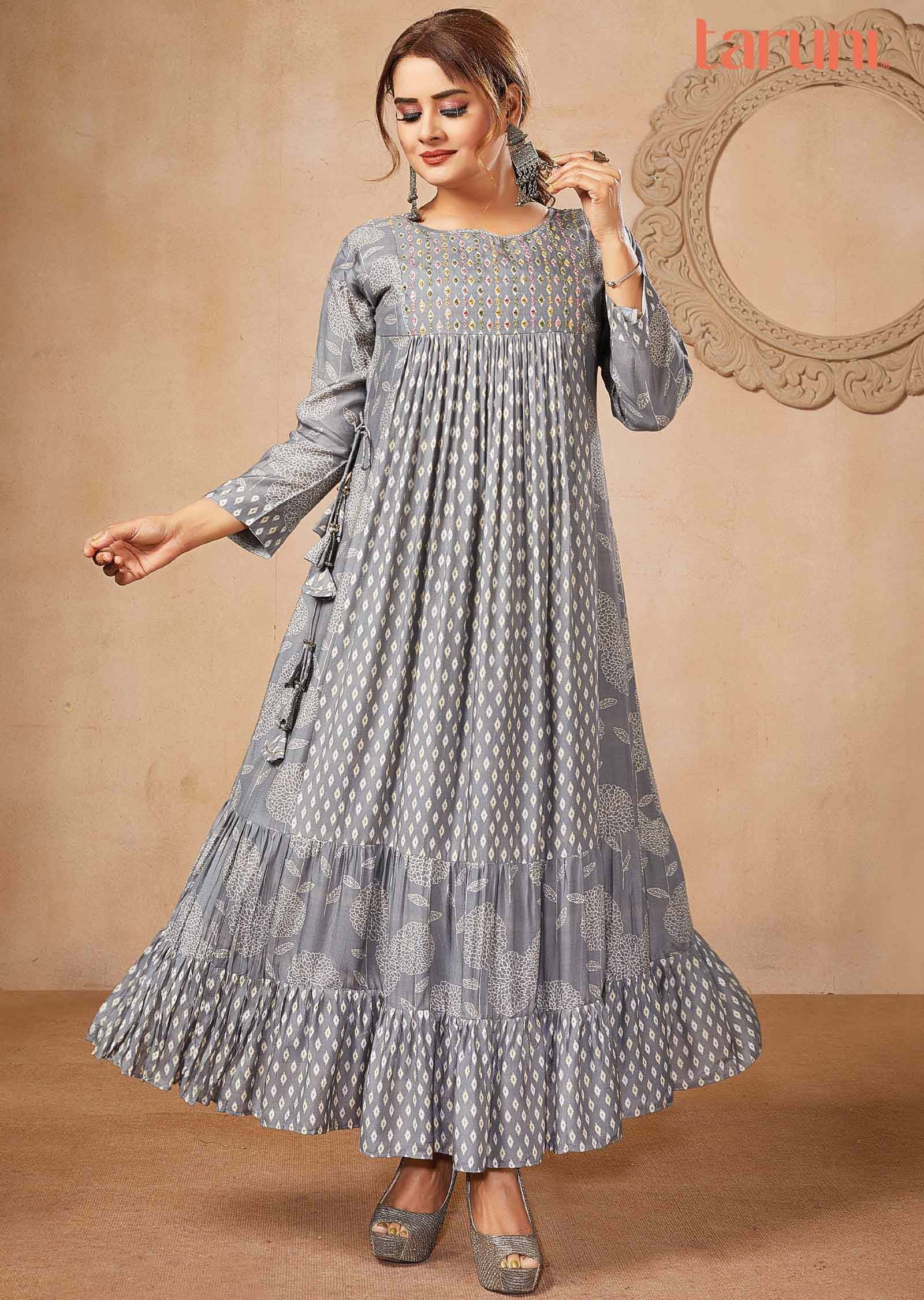 Grey Muslin Printed Midi Dress