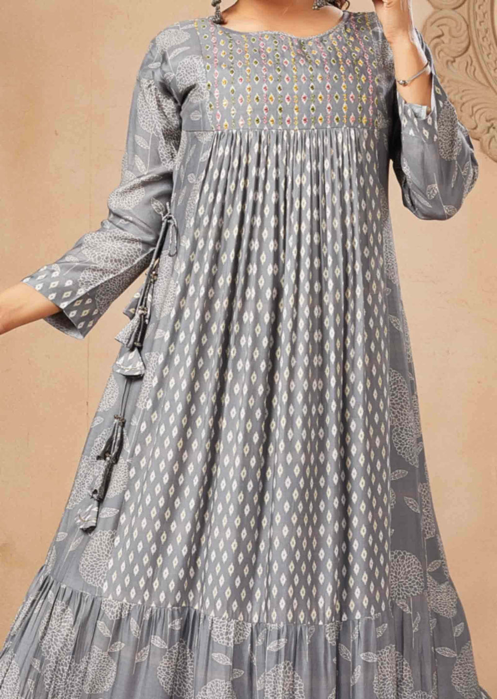 Grey Muslin Printed Midi Dress