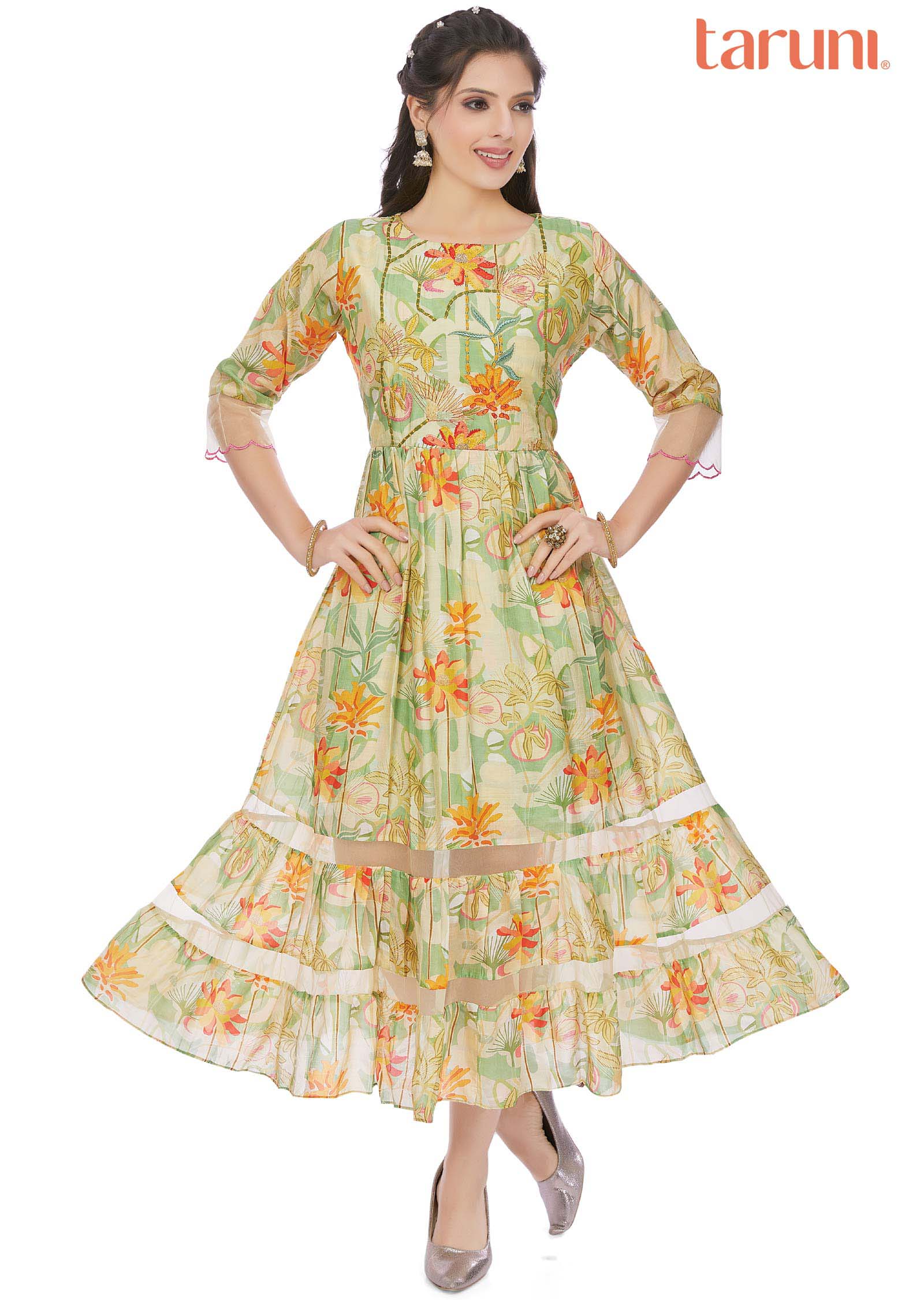 Light Green Muslin Printed Midi Dress