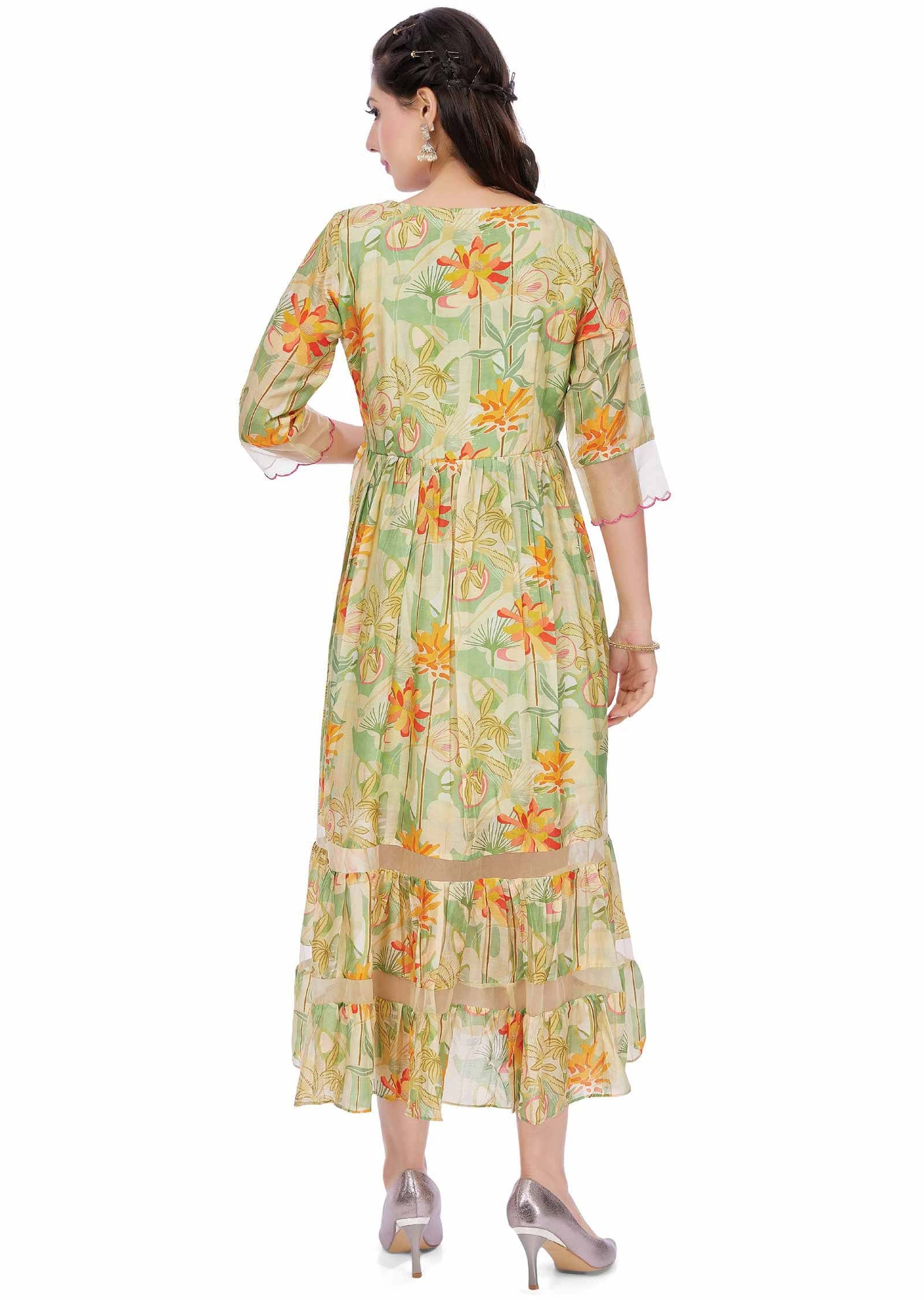 Light Green Muslin Printed Midi Dress