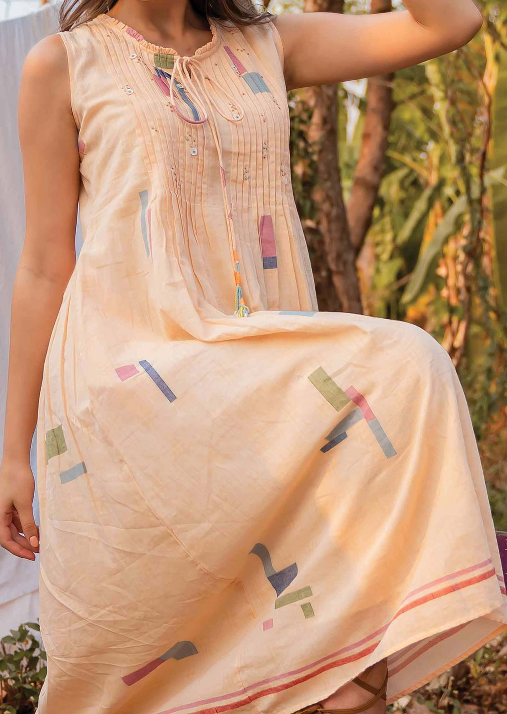 Peach Handloom Cotton Beaded Midi Dress