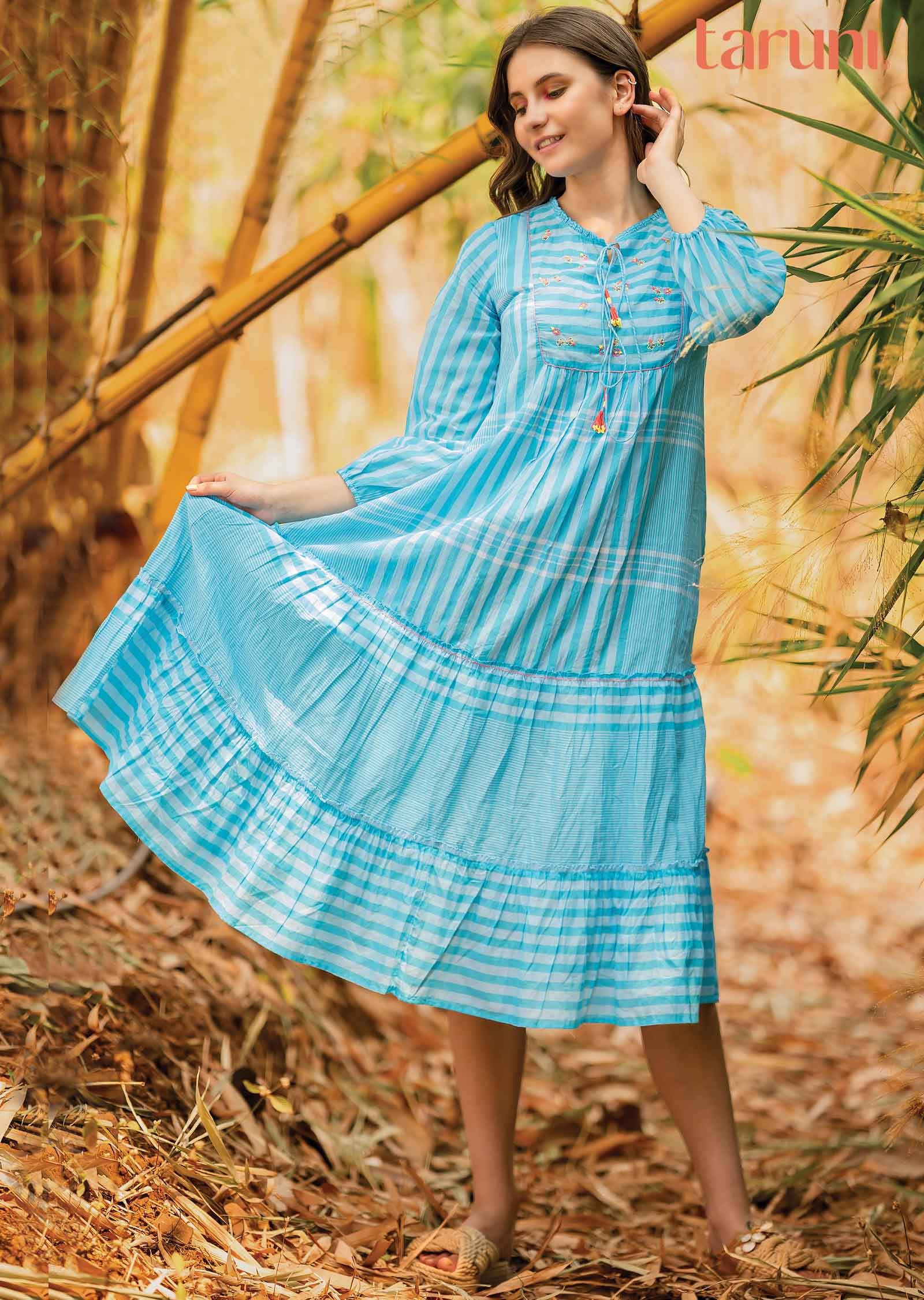 Light Blue Handloom Cotton Midi Dress