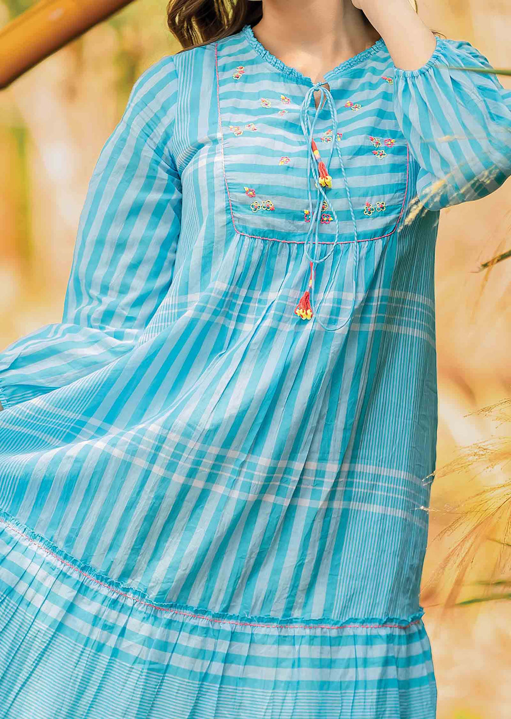 Light Blue Handloom Cotton Midi Dress