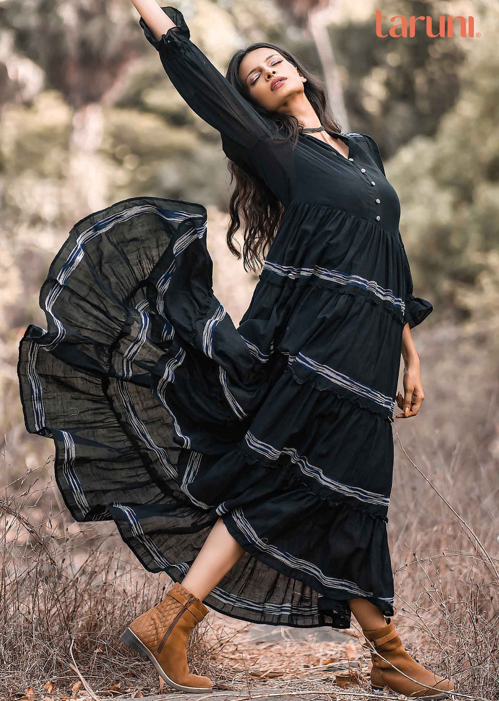 Black Handloom Cotton Midi Dress