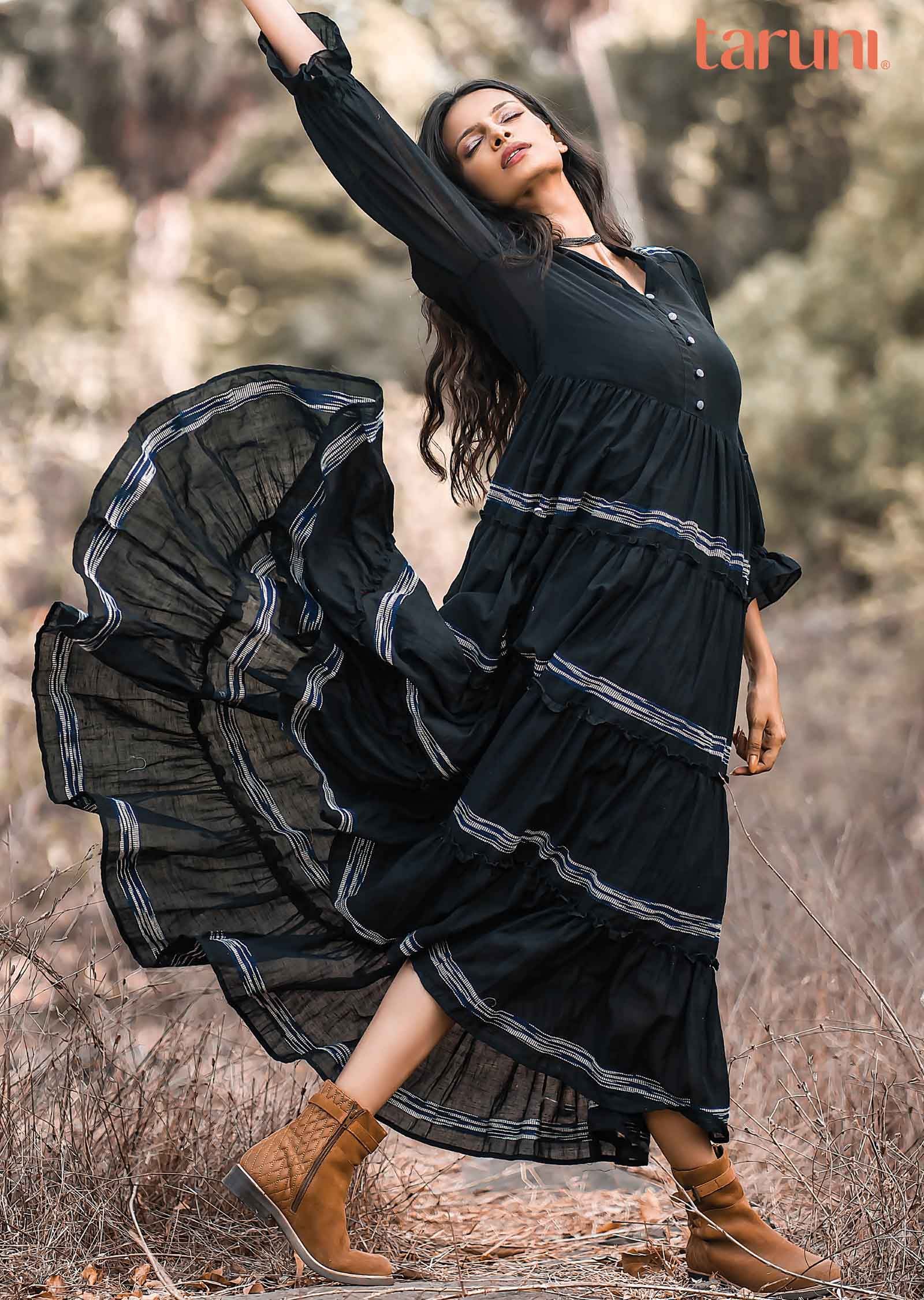 Black Handloom Cotton Midi Dress