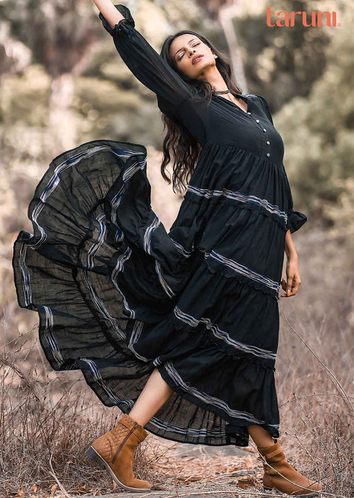 Black Handloom Cotton Midi Dress