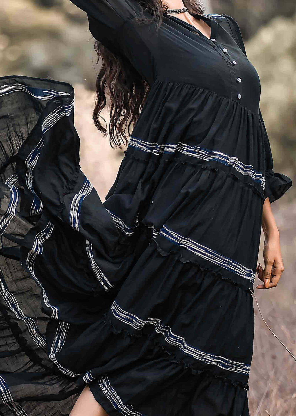 Black Handloom Cotton Midi Dress