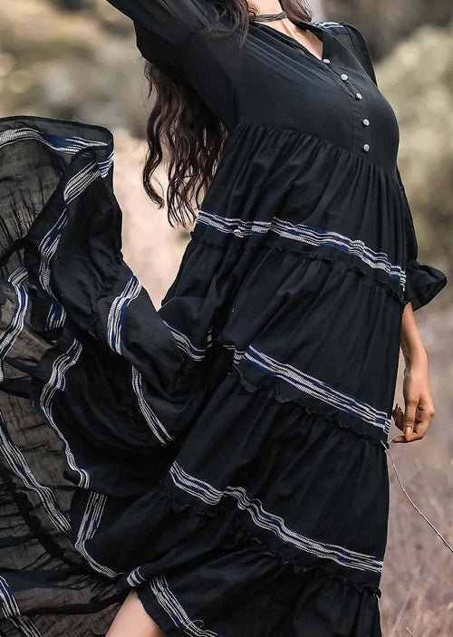 Black Handloom Cotton Midi Dress