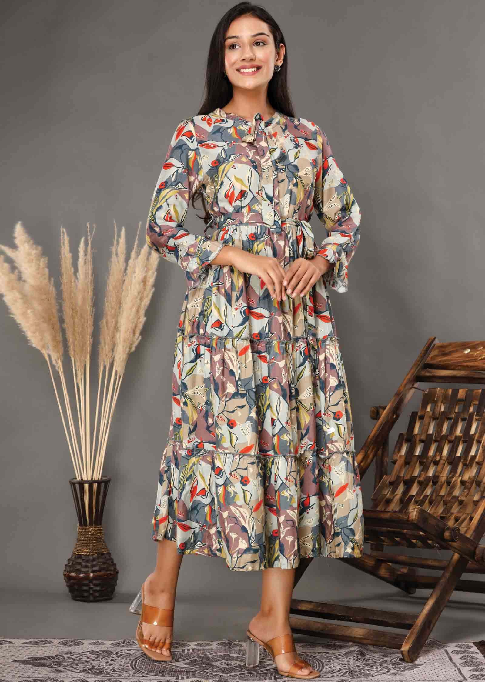 Multicolor Muslin Printed Midi Dress
