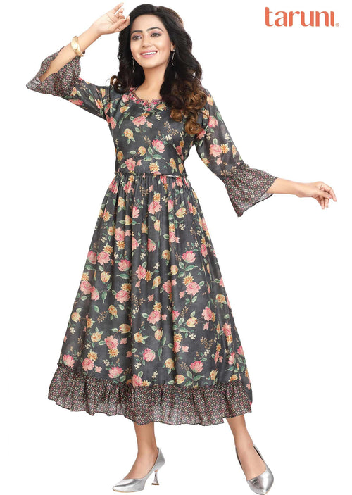 Dark Grey Muslin Embroidered Midi Dress