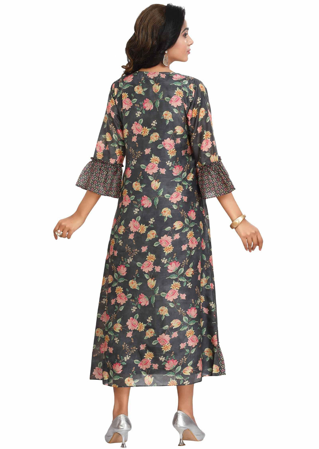 Dark Grey Muslin Embroidered Midi Dress