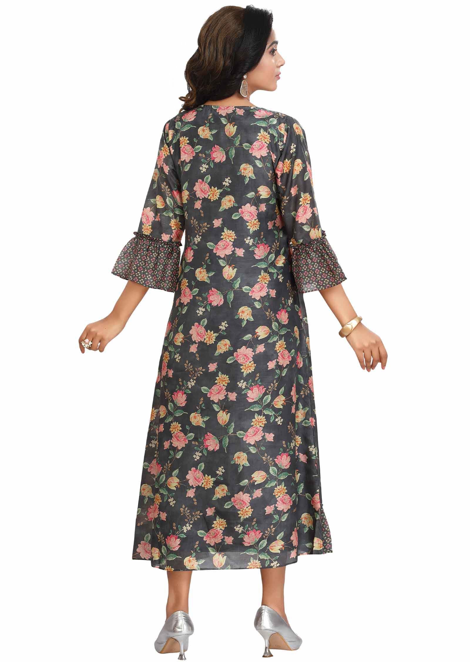 Dark Grey Muslin Embroidered Midi Dress