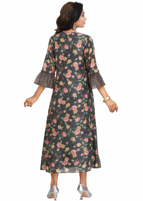 Dark Grey Muslin Embroidered Midi Dress