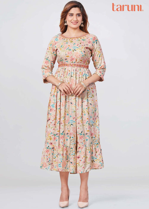 Beige Reyon Printed Midi Dress