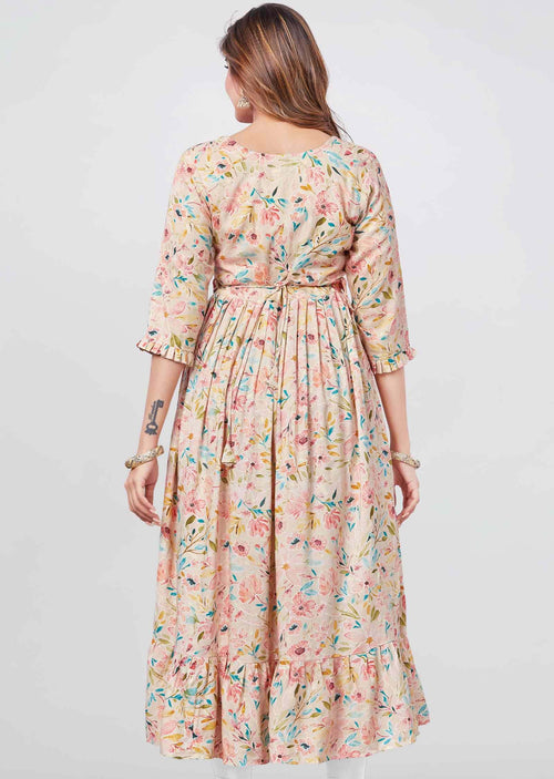 Beige Reyon Printed Midi Dress