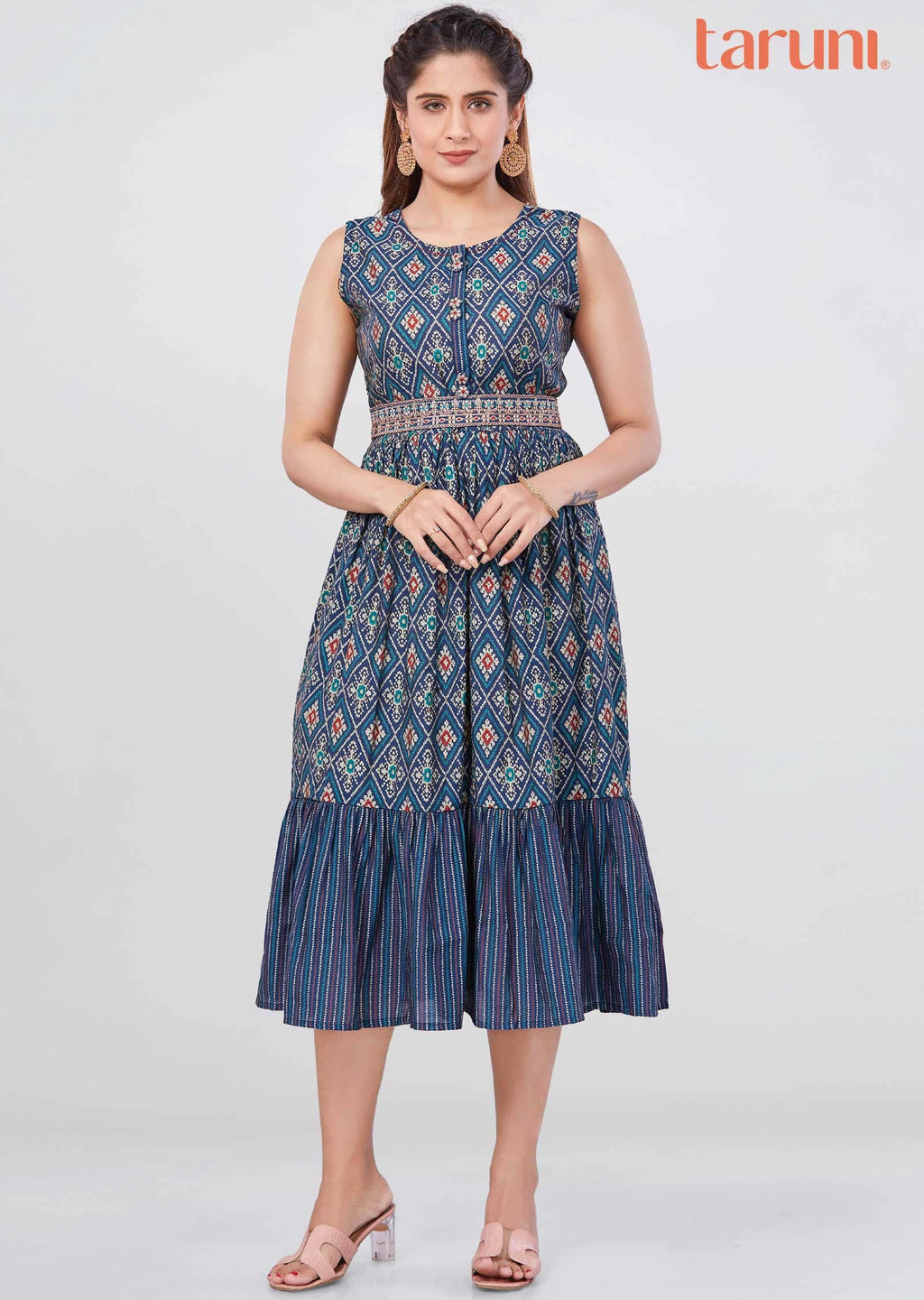 Teal Blue Modal Printed Midi Dress