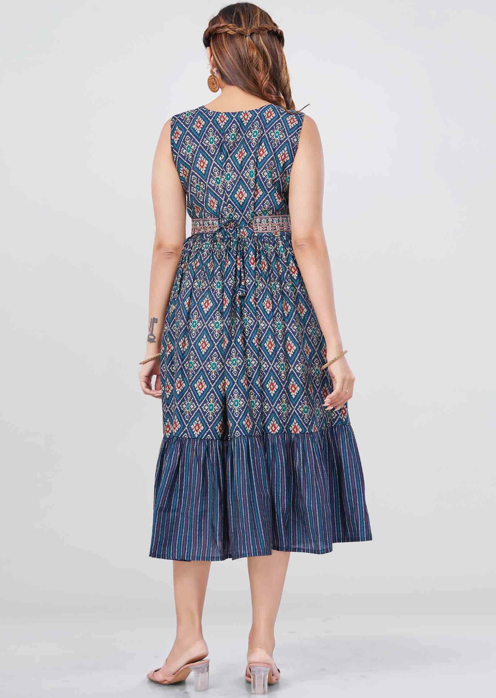 Teal Blue Modal Printed Midi Dress