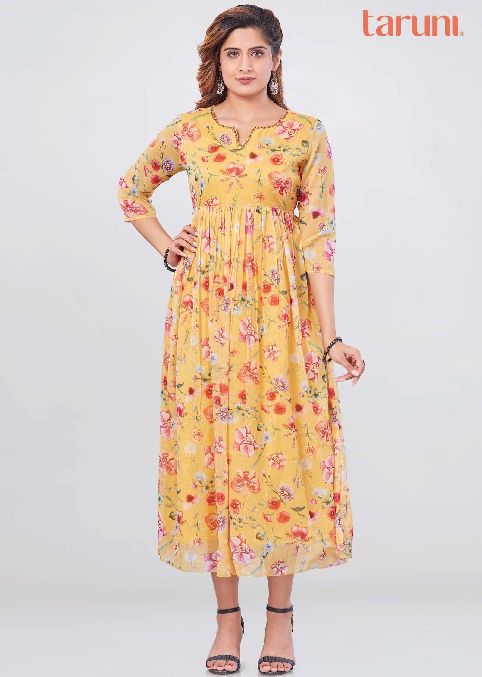 Yellow Chiffon Printed Midi Dress