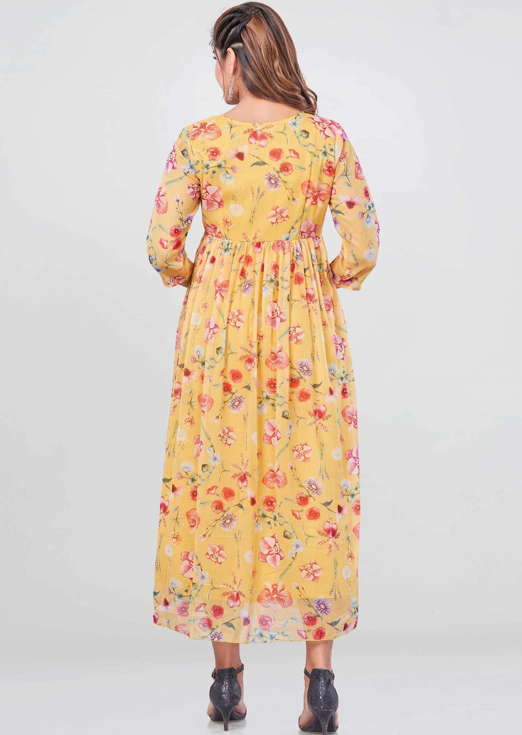 Yellow Chiffon Printed Midi Dress