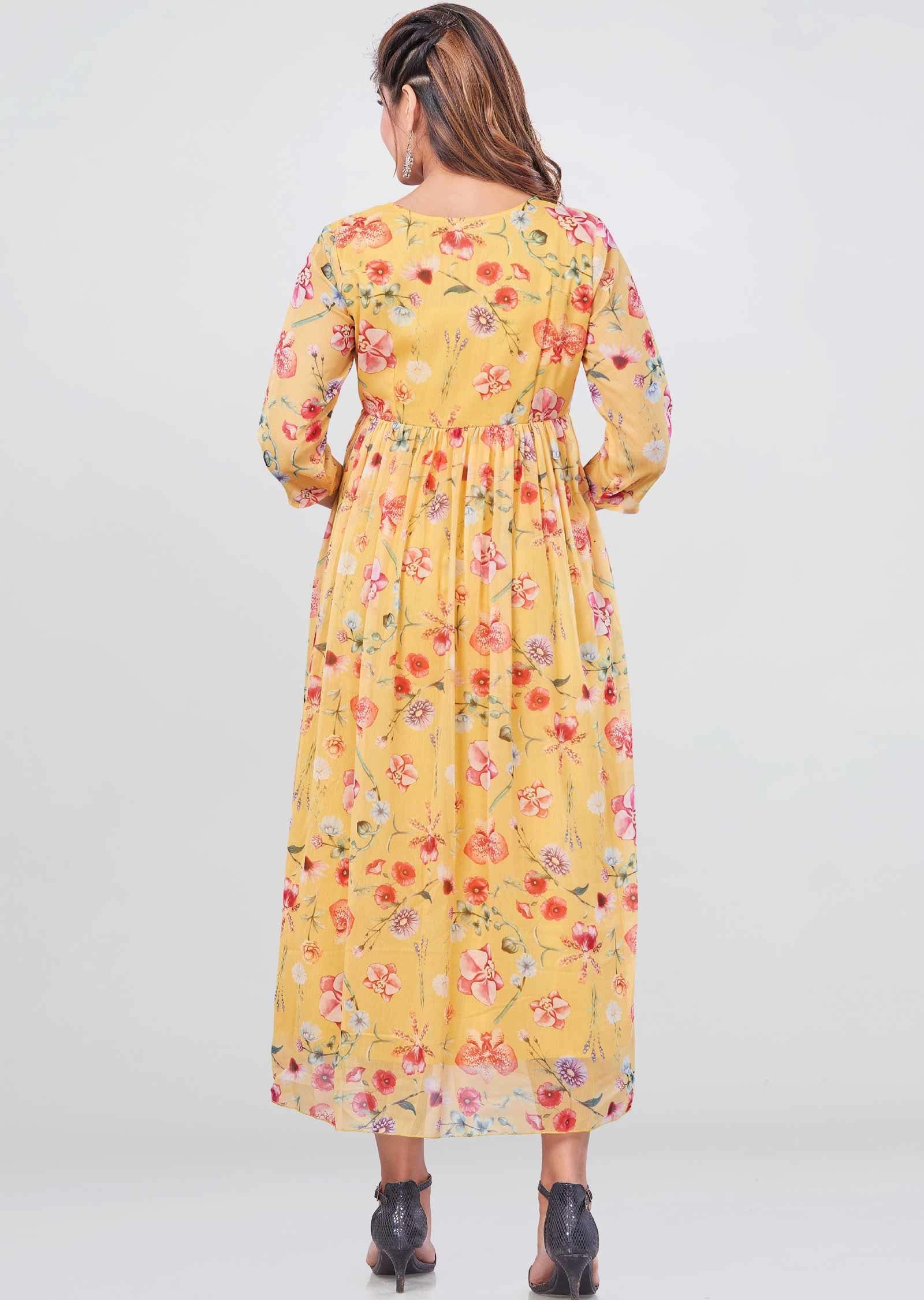 Yellow Chiffon Printed Midi Dress