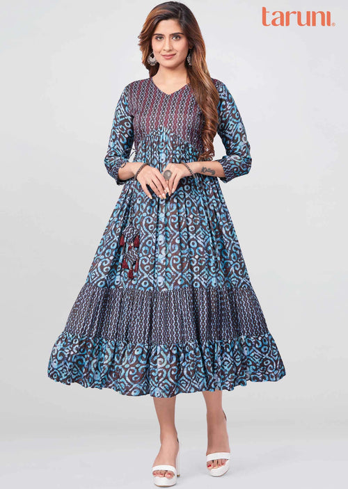 Brown Muslin Printed Midi Dress