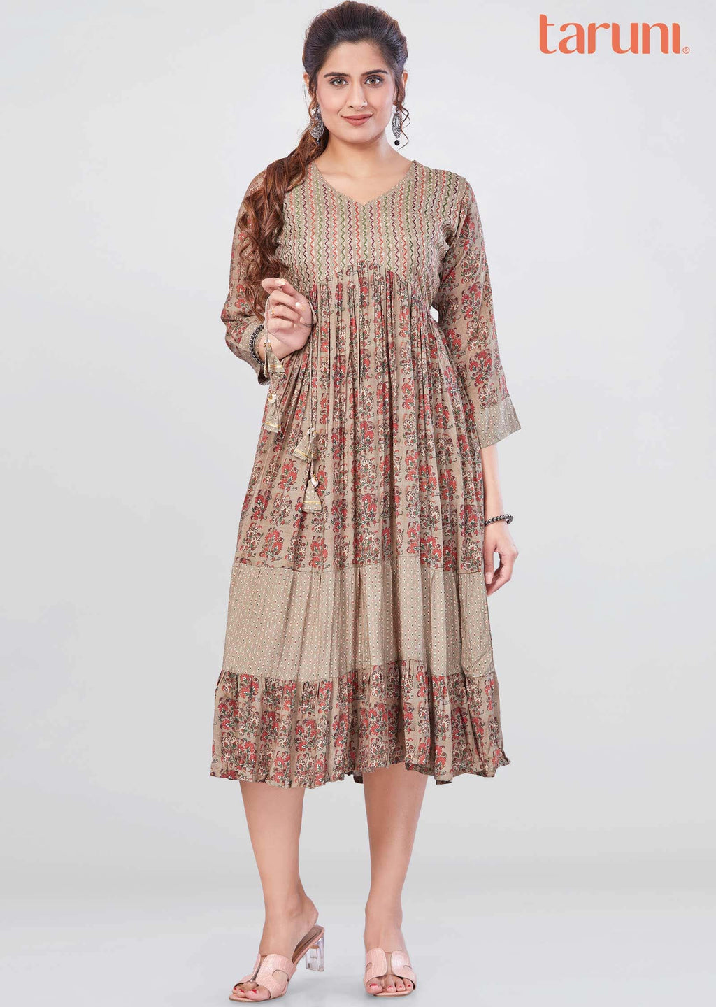 Khaki Muslin Printed Midi Dress