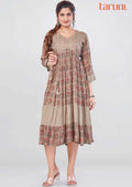 Khaki Muslin Printed Midi Dress