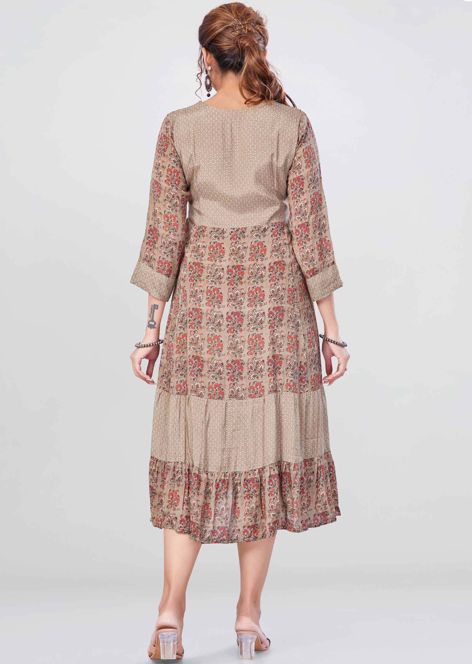 Khaki Muslin Printed Midi Dress
