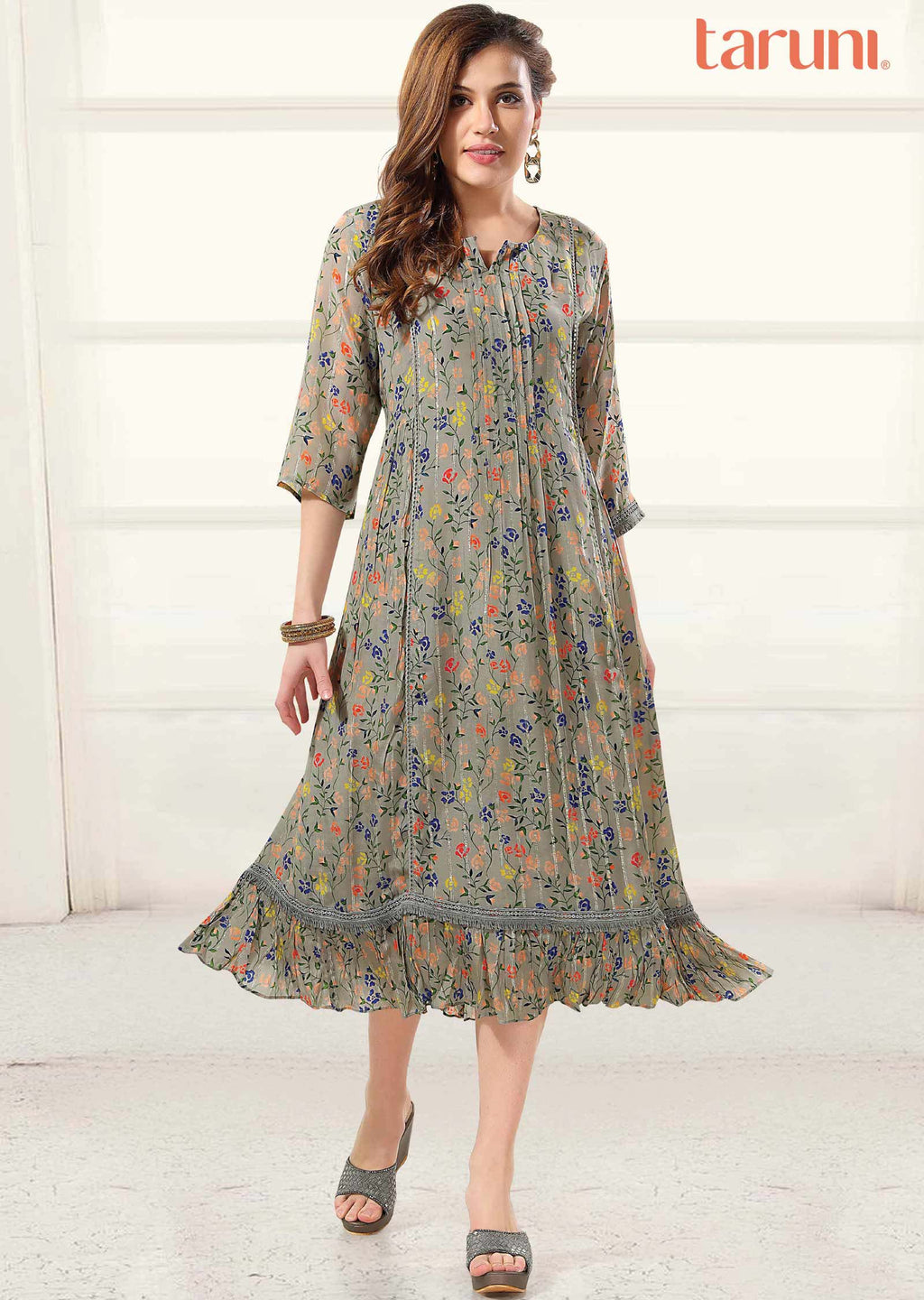 Grey Crepe Printed Midi Dress