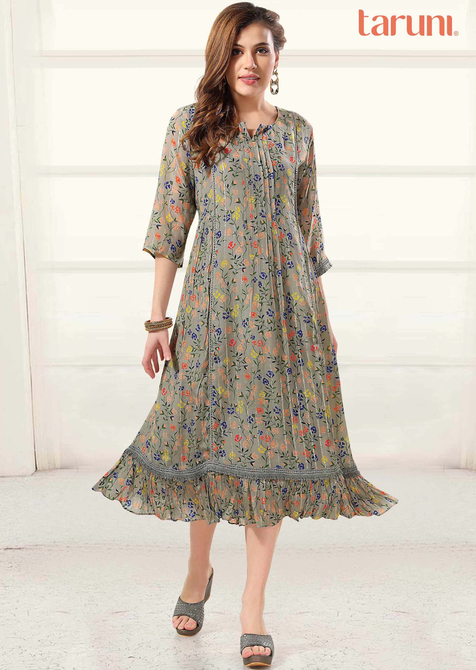 Grey Crepe Printed Midi Dress