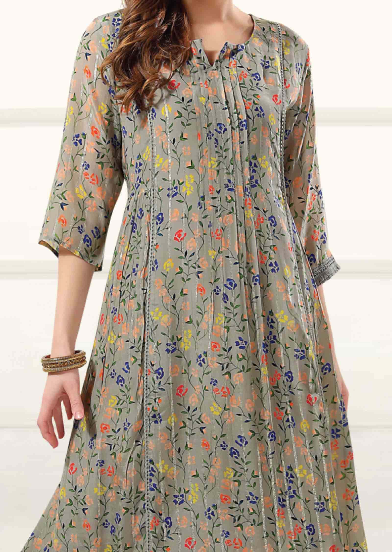 Grey Crepe Printed Midi Dress