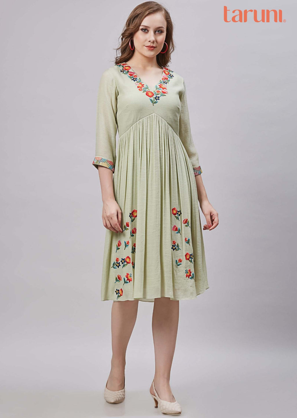Pista Green Linen & Georgette Midi Dress