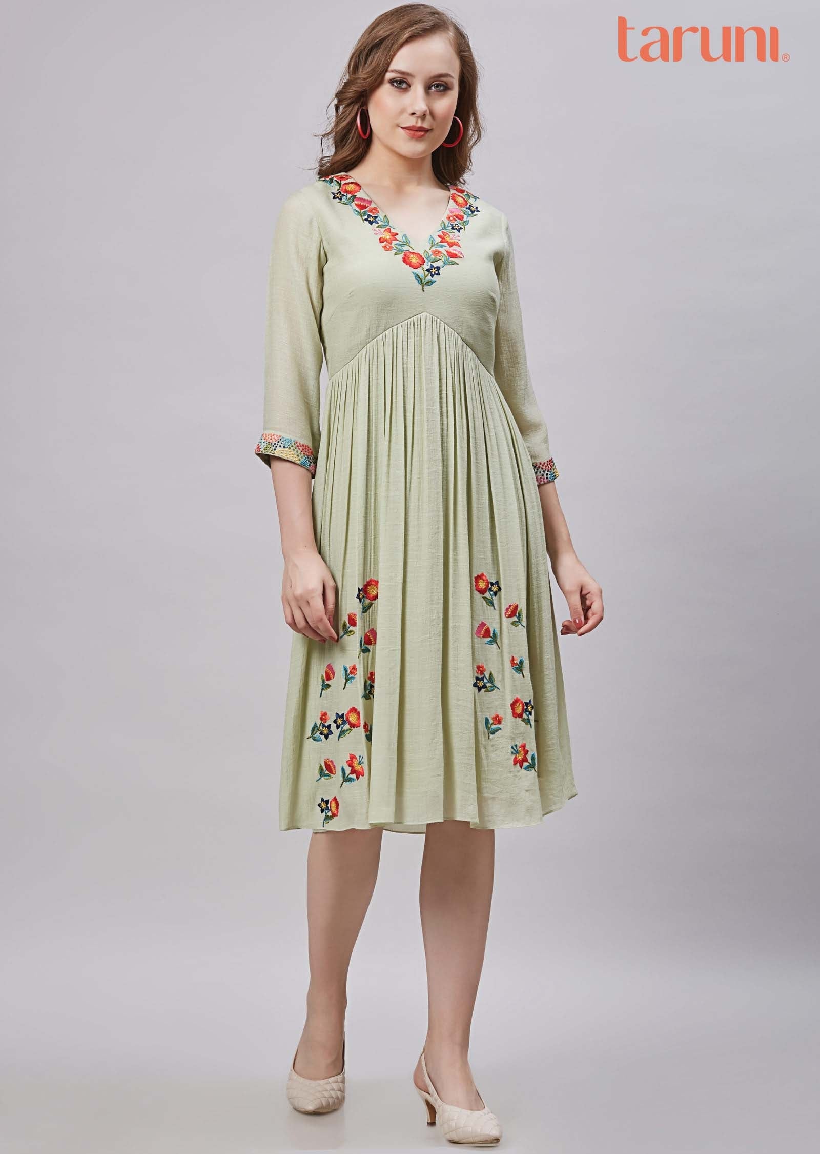 Pista Green Linen & Georgette Midi Dress