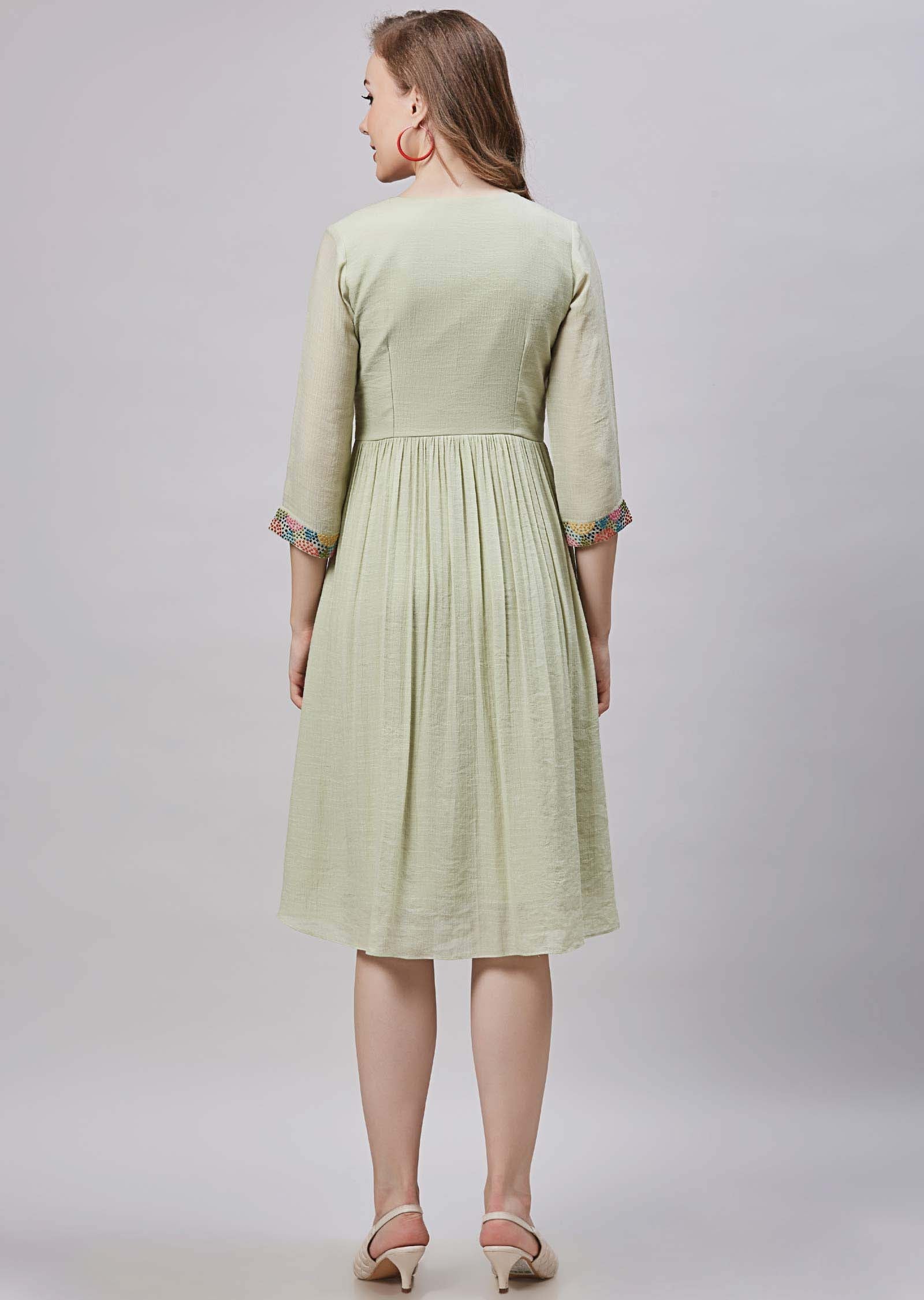 Pista Green Linen & Georgette Midi Dress
