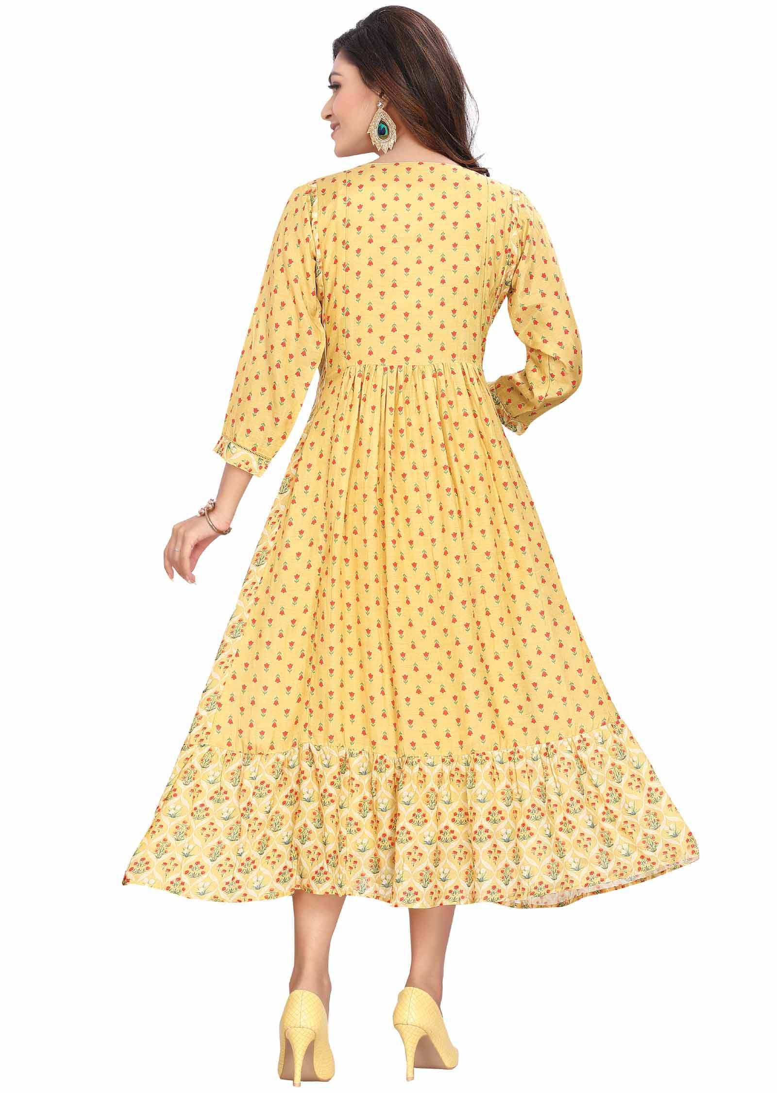 Yellow Muslin Embroidered Midi Dress