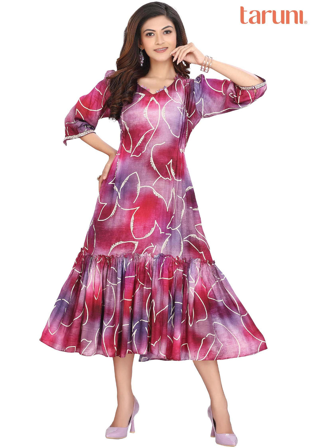 Purple Silk Printed Midi Dress