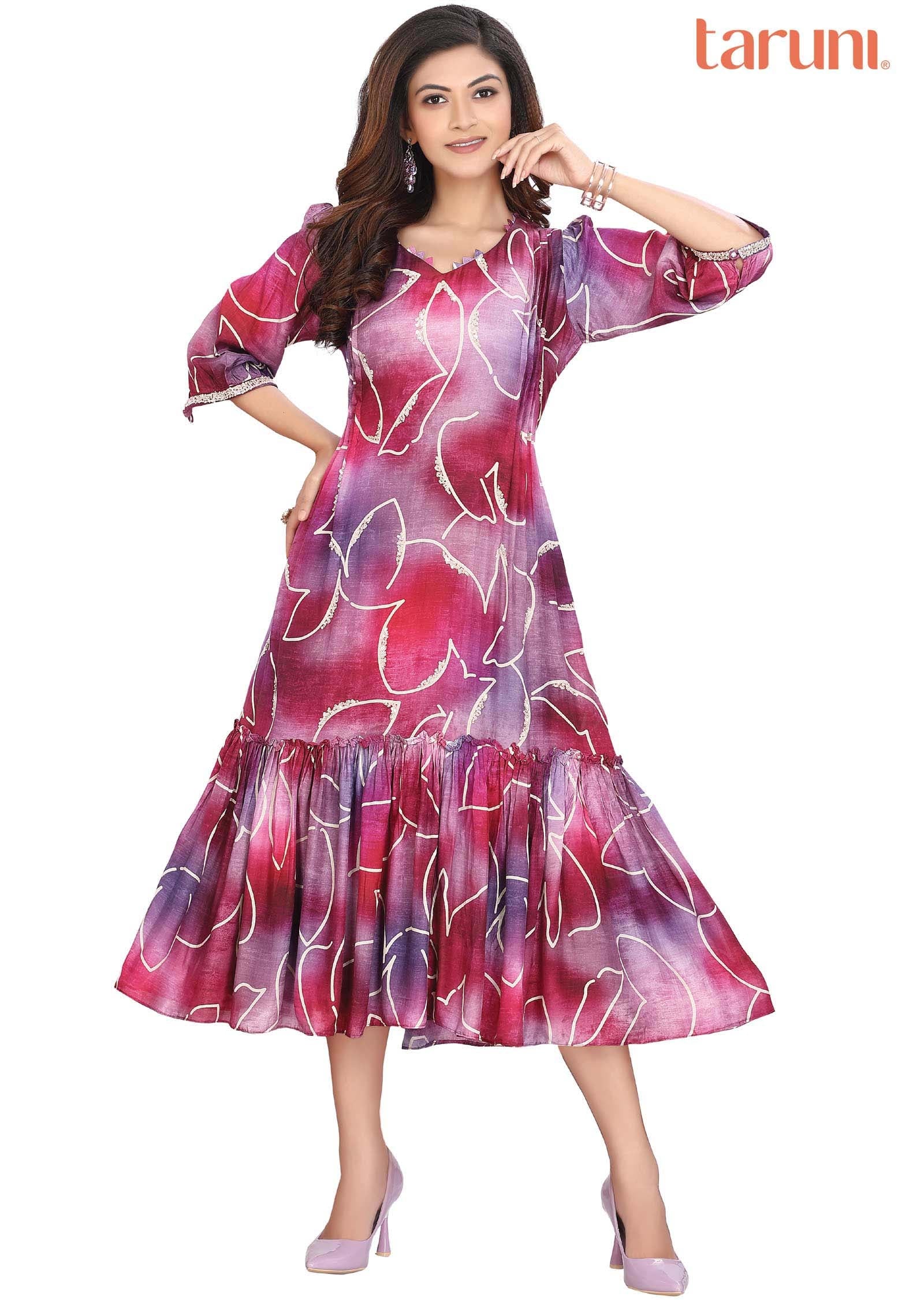Purple Silk Printed Midi Dress