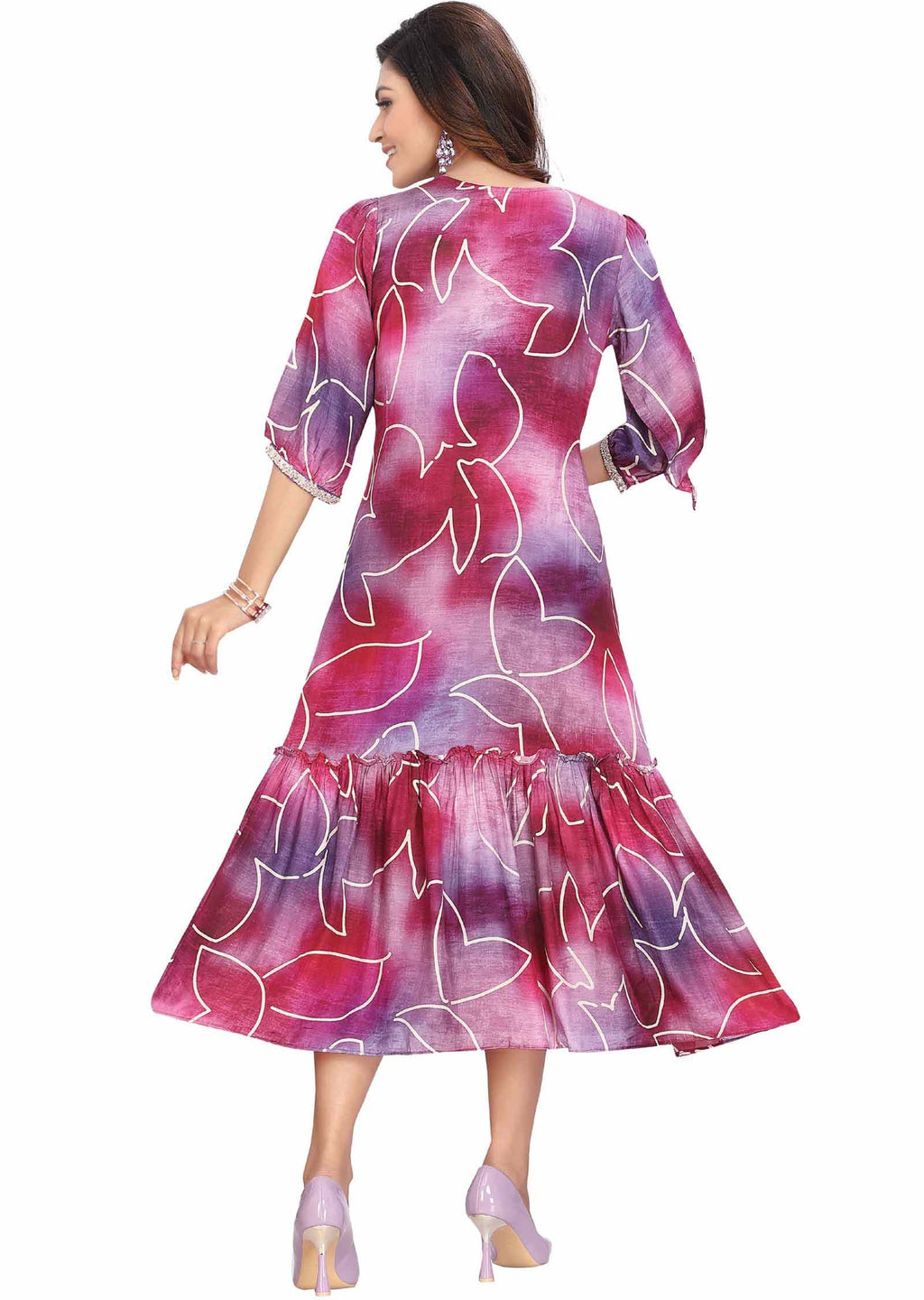 Purple Silk Printed Midi Dress