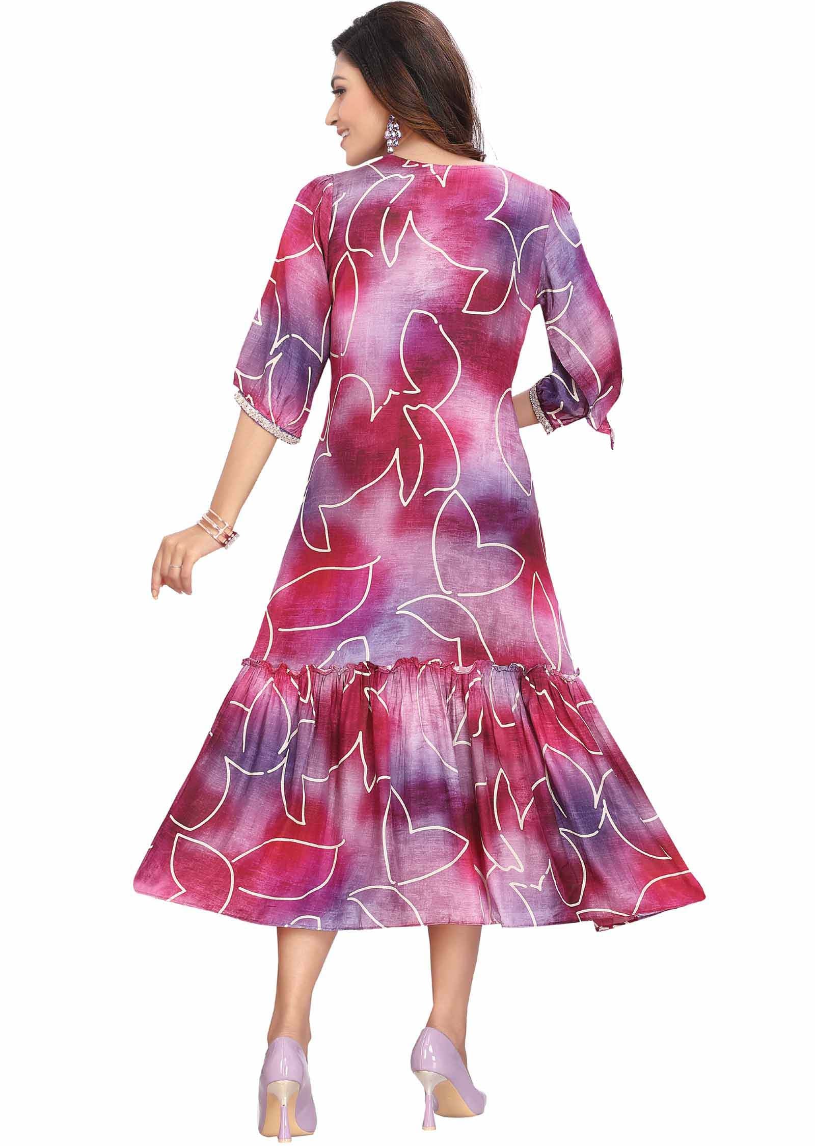 Purple Silk Printed Midi Dress